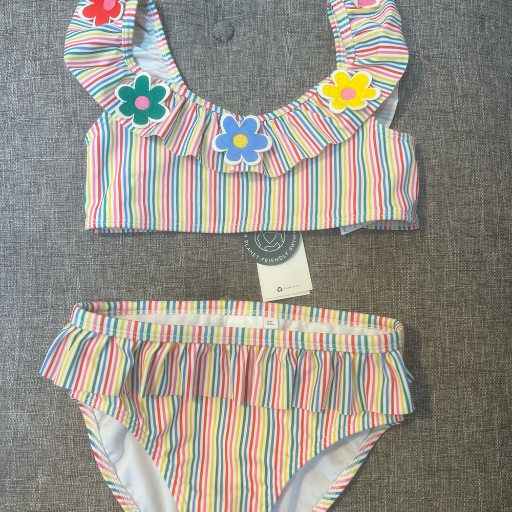 Mini Boden girls bikini in rainbow stripes with flower appliqué size 8-9Y